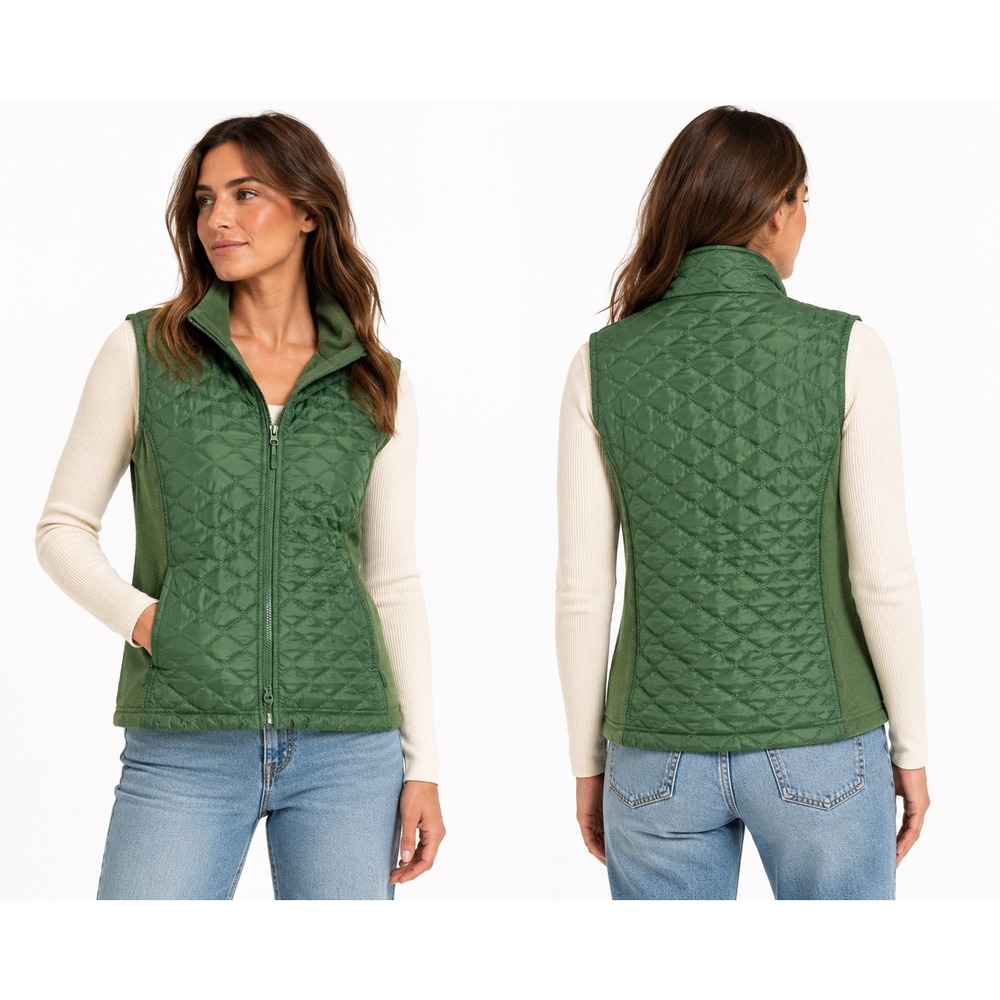 LL Bean Quilted Vest Womens XL Green‎ Fleece Side Panels Full Zip Gorpcore